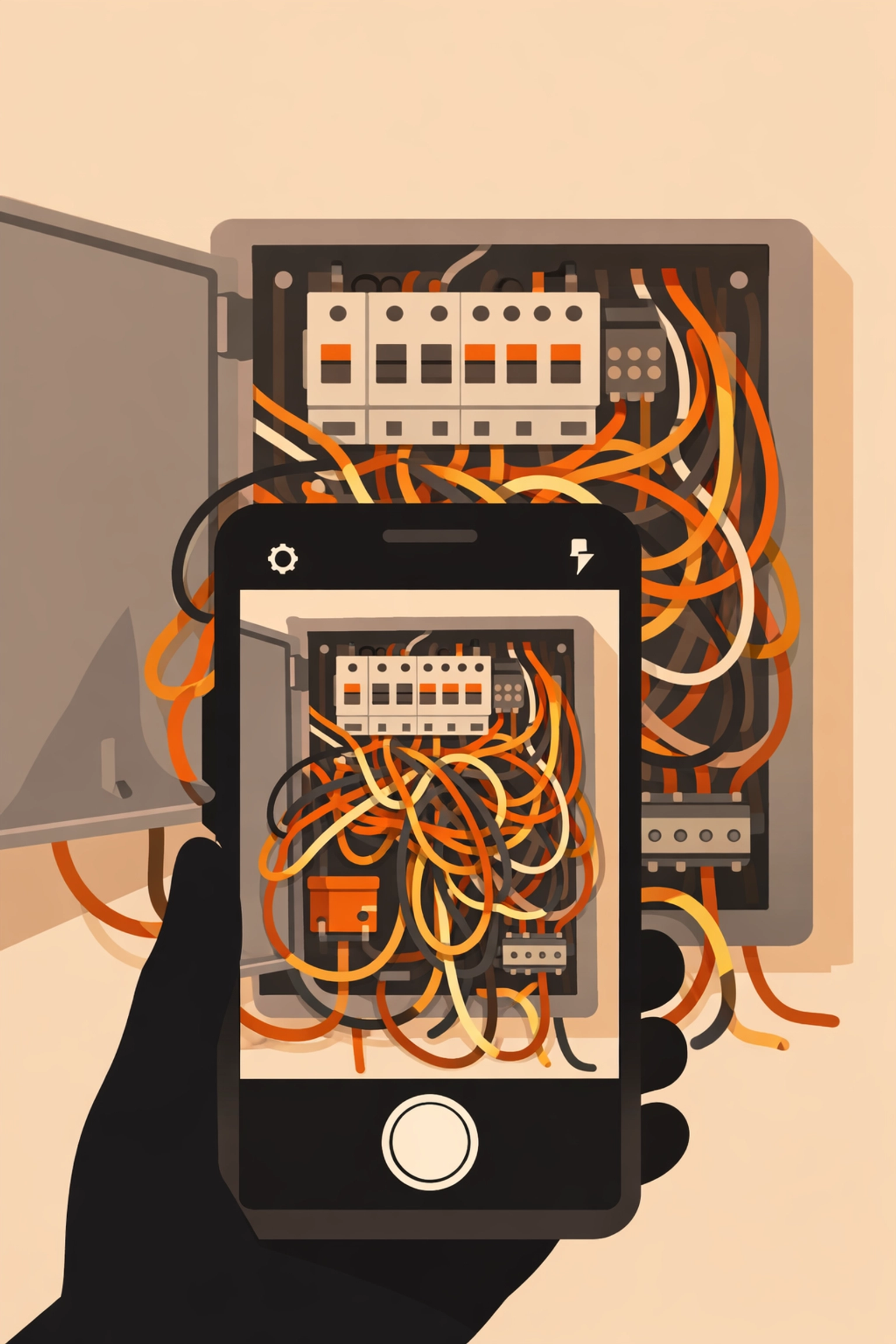 Contractor taking a before photo of messy wiring using a contractor photo app.