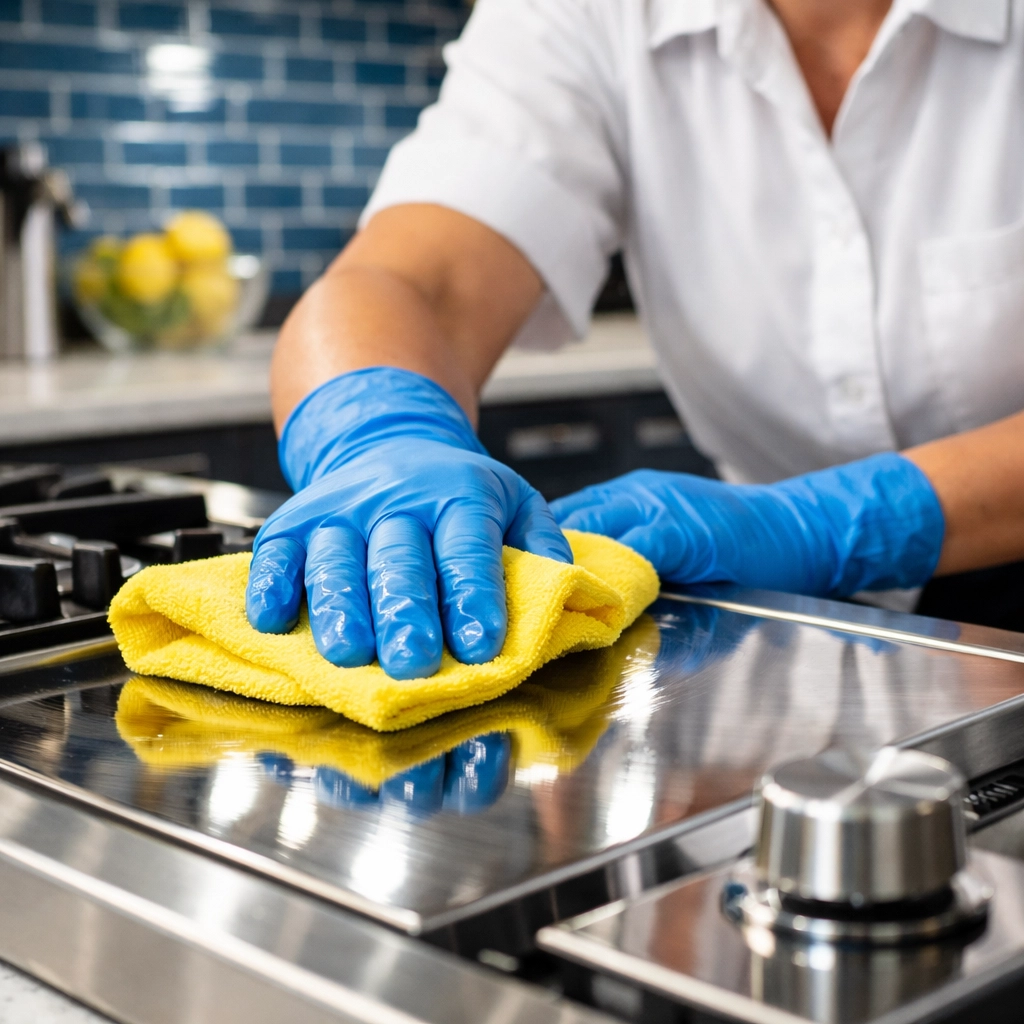 Maid services Worcester expert polishing a kitchen stove during a detailed move-out cleaning Worcester.