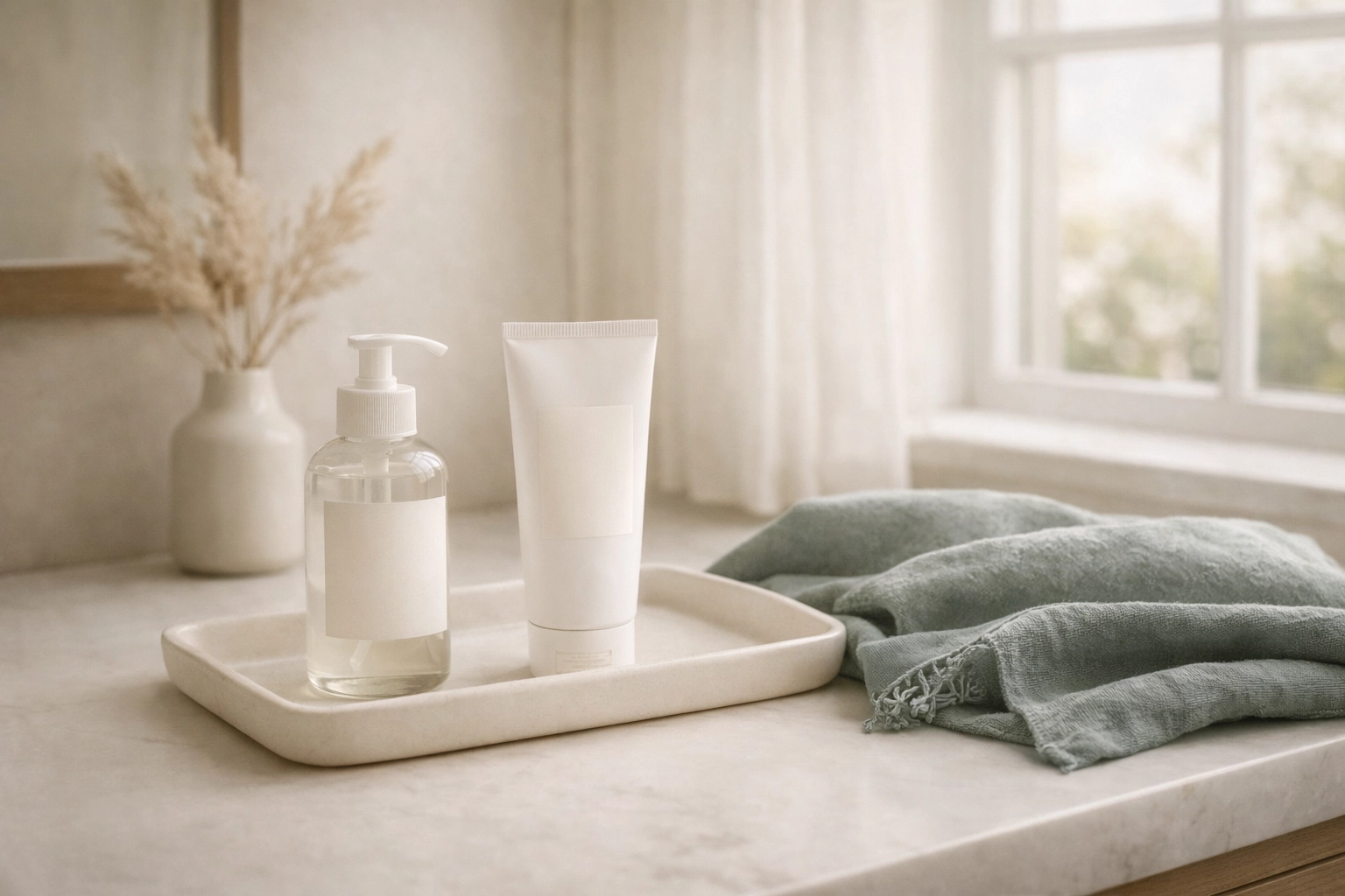 Minimal, safe-haven bathroom vanity with simple fragrance-free personal care items and clean labels