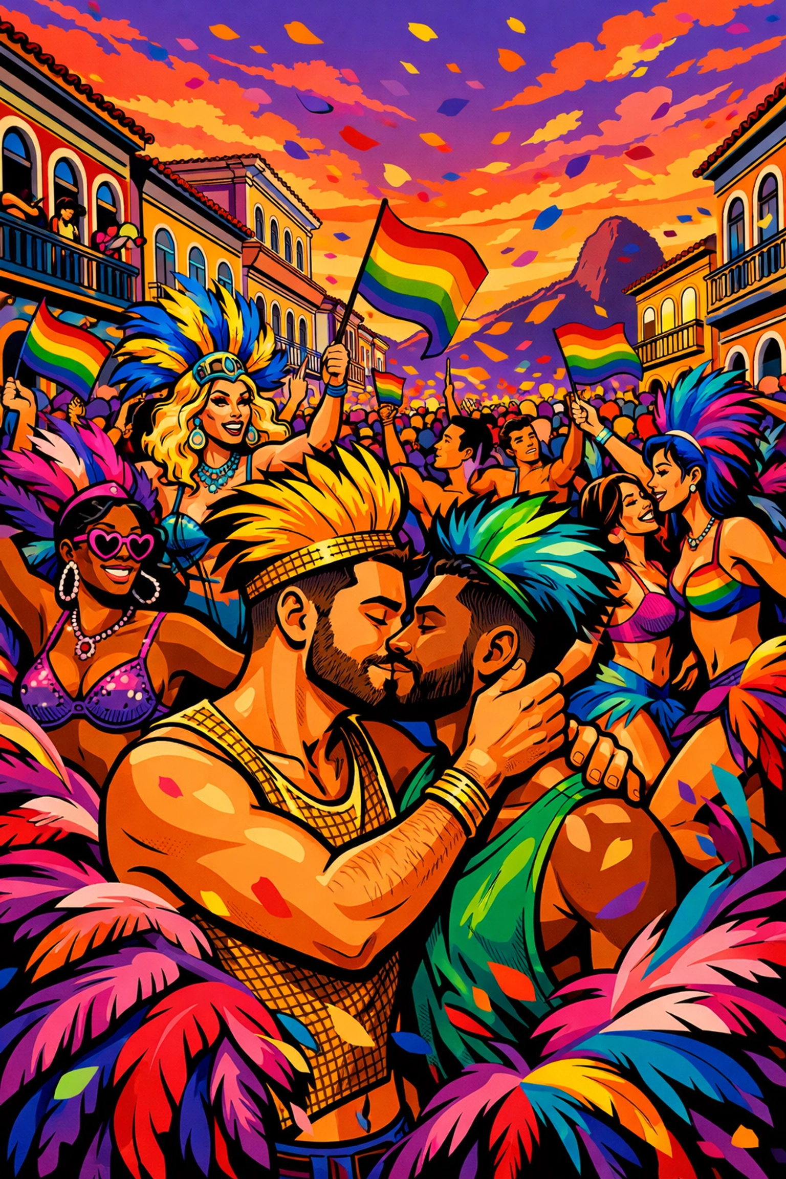 LGBTQ+ revelers celebrating at Rio Carnival street party with rainbow feathers