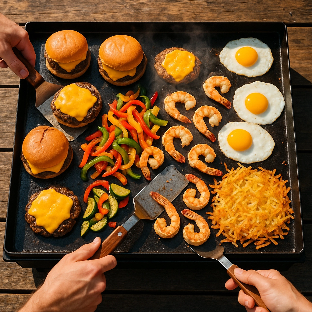 Large outdoor griddle loaded with burgers, vegetables, shrimp, and breakfast foods, perfect for backyard gatherings