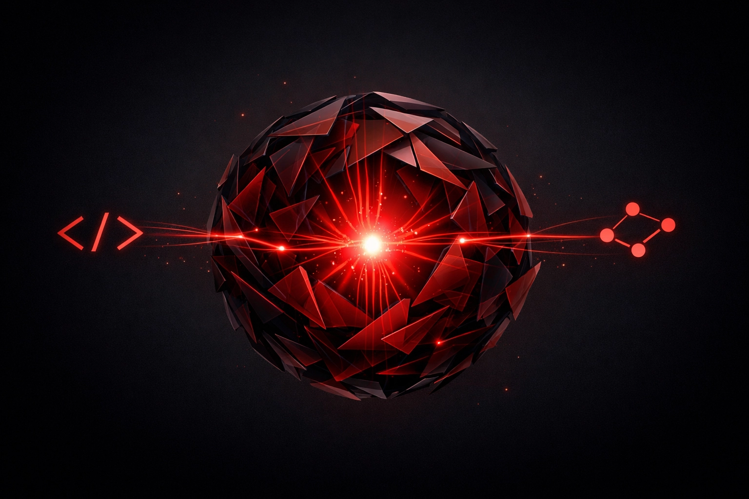 Complex red data node representing AI Overviews and FAQ optimization for digital marketing.