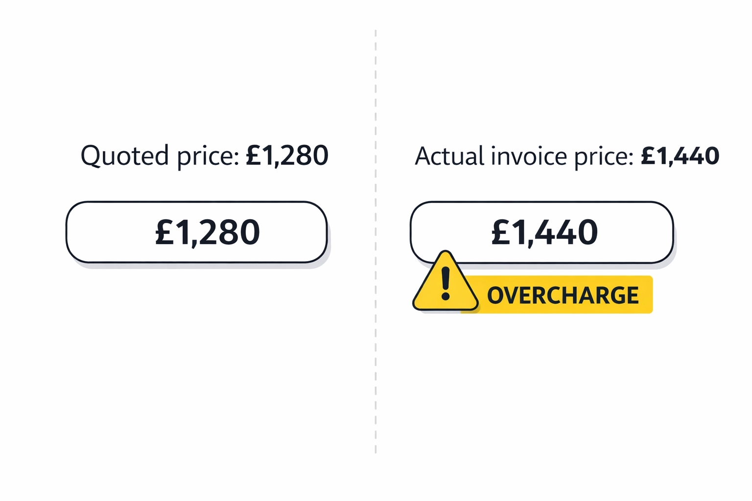 Invoice price comparison showing supplier overcharges flagged with alert notifications