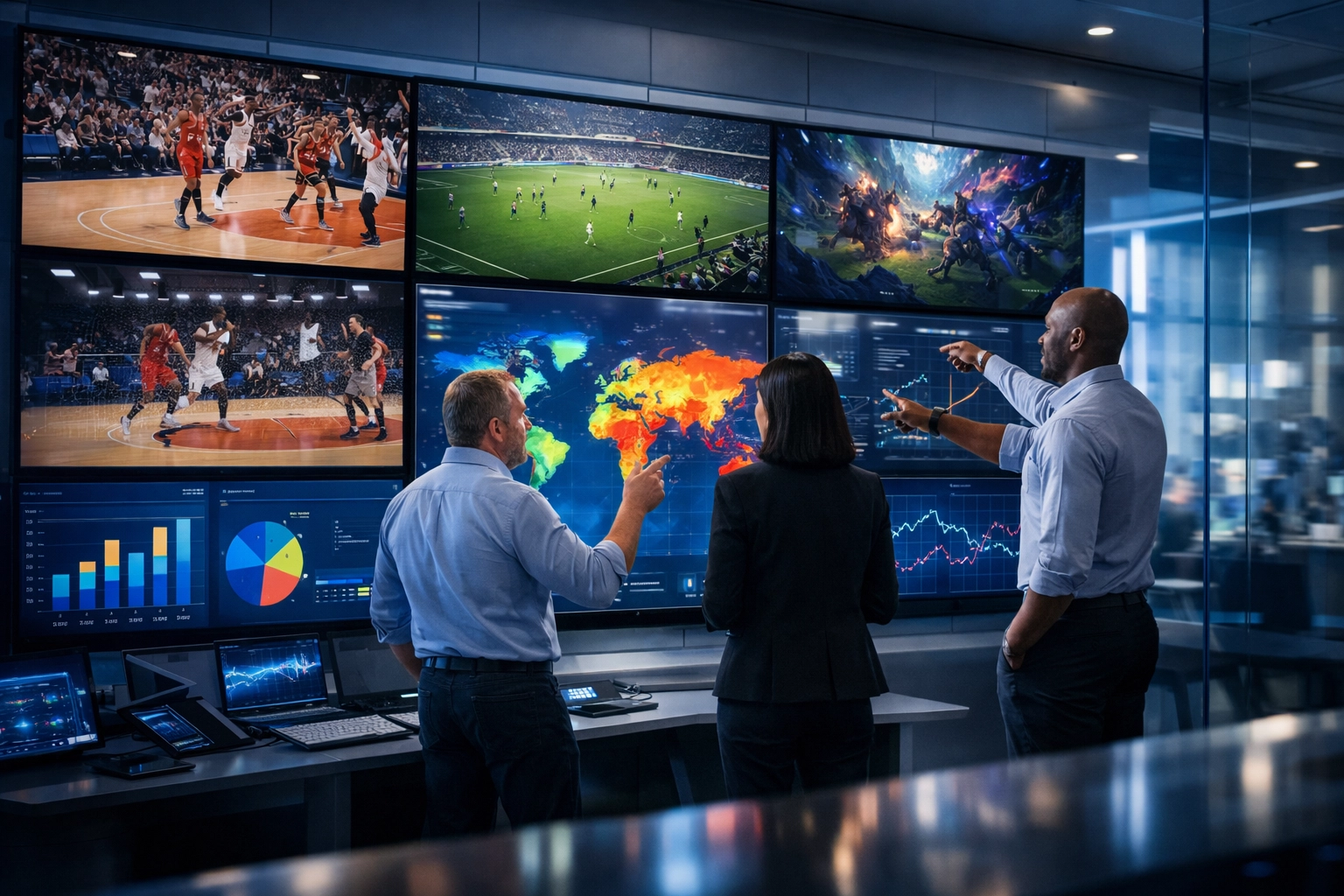 Consultants in a media suite analyzing sports broadcast data for a global brand activation strategy.