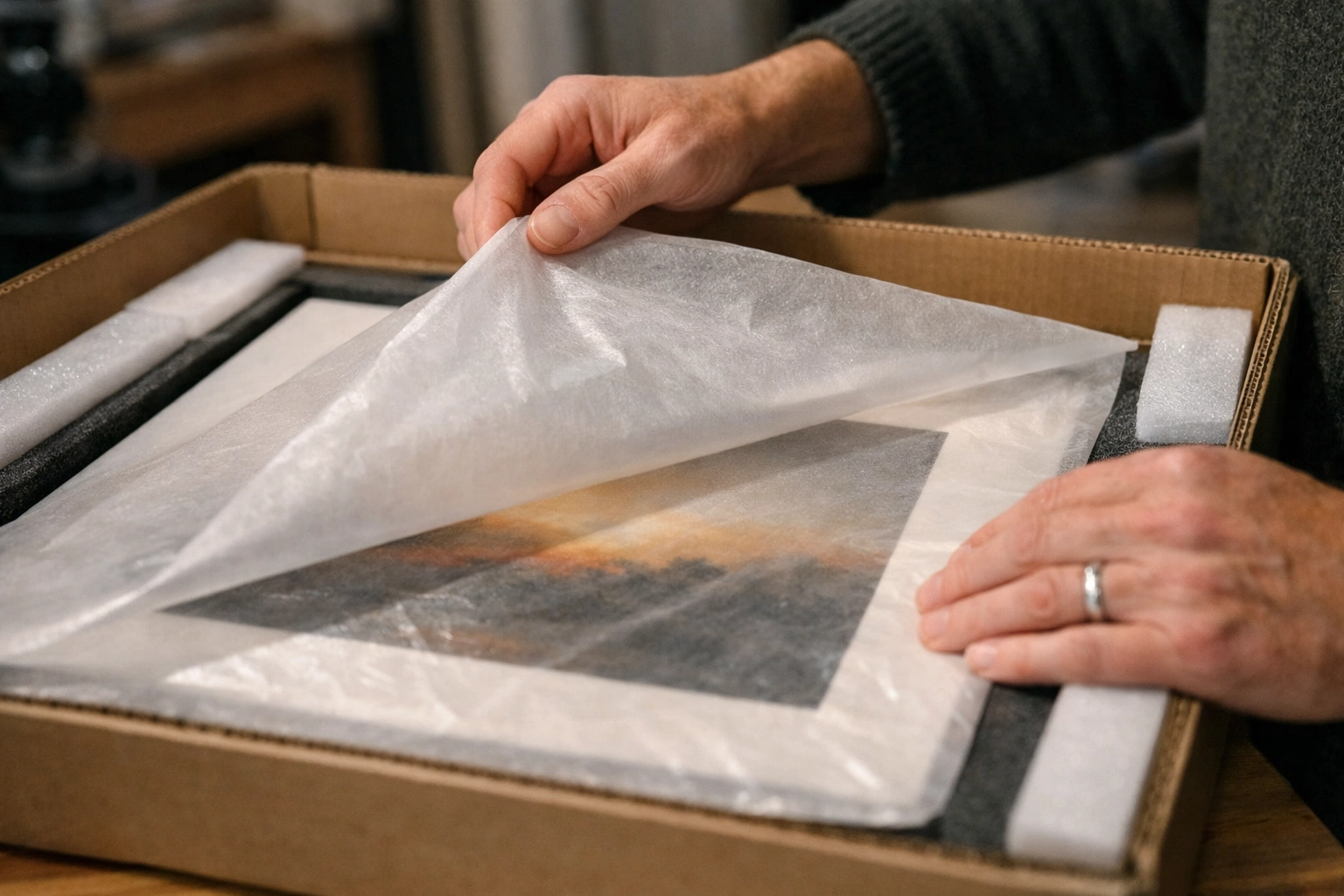 Hands carefully unboxing archival prints from a shipping crate in a professional art studio.