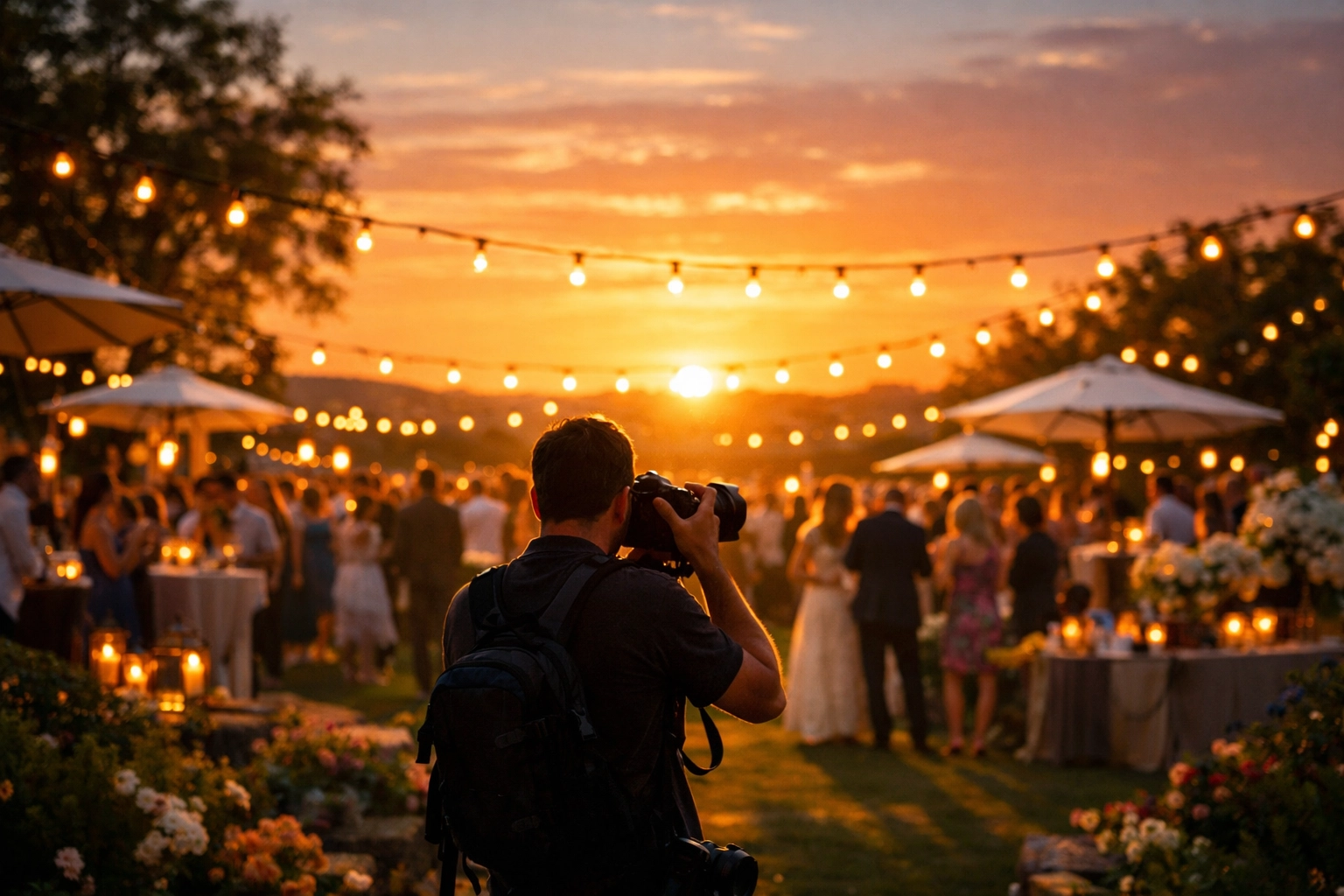 Freelance photographer capturing a garden event during sunset to showcase their pro portfolio.