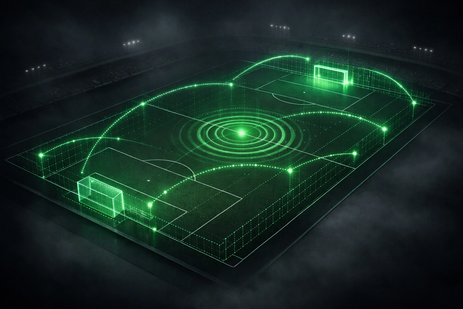 Digital football pitch overlay showing invisible xG data paths and hidden momentum during a quiet match.