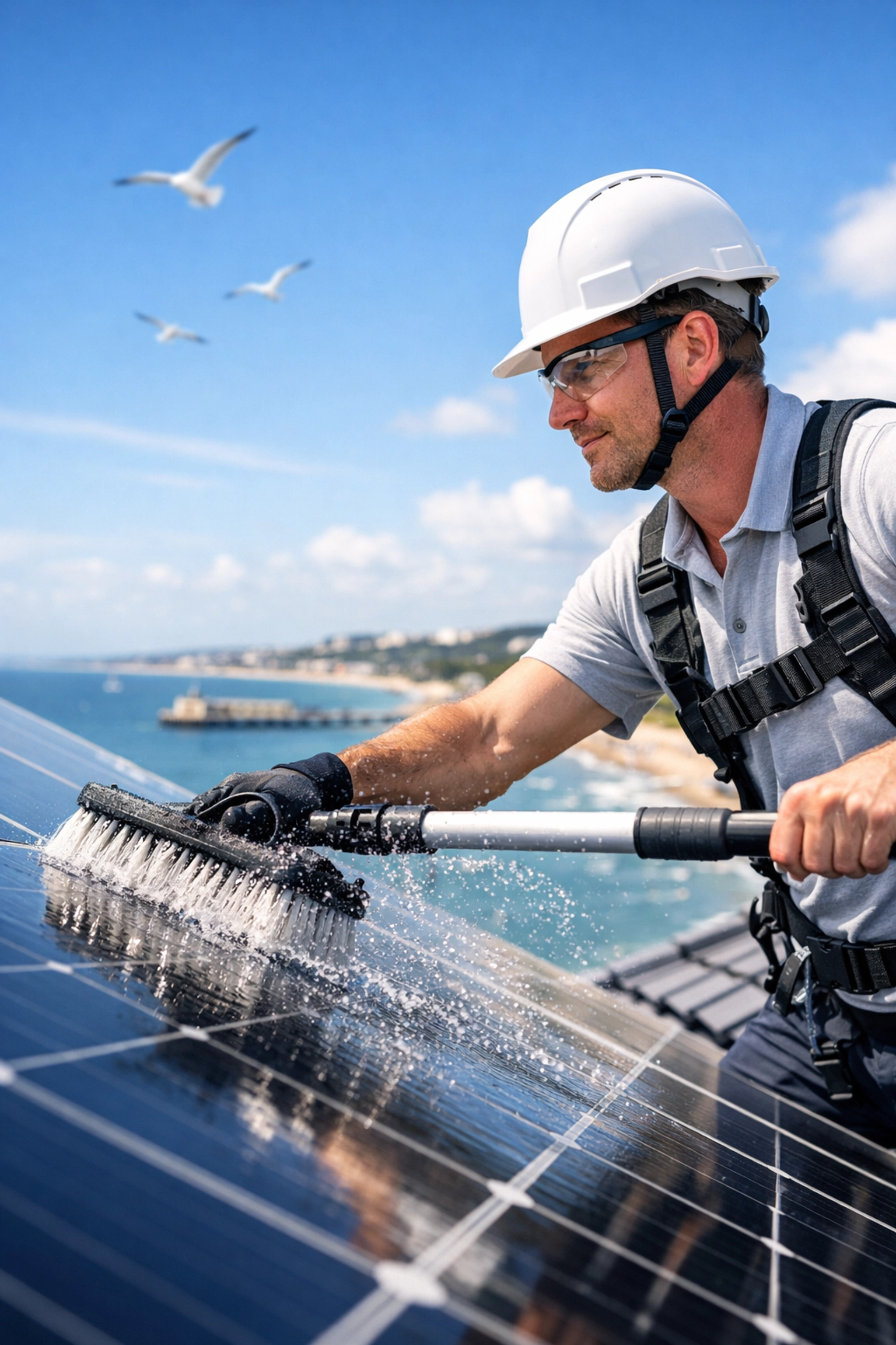 Professional solar panel cleaning and maintenance service for a coastal home in Bournemouth.