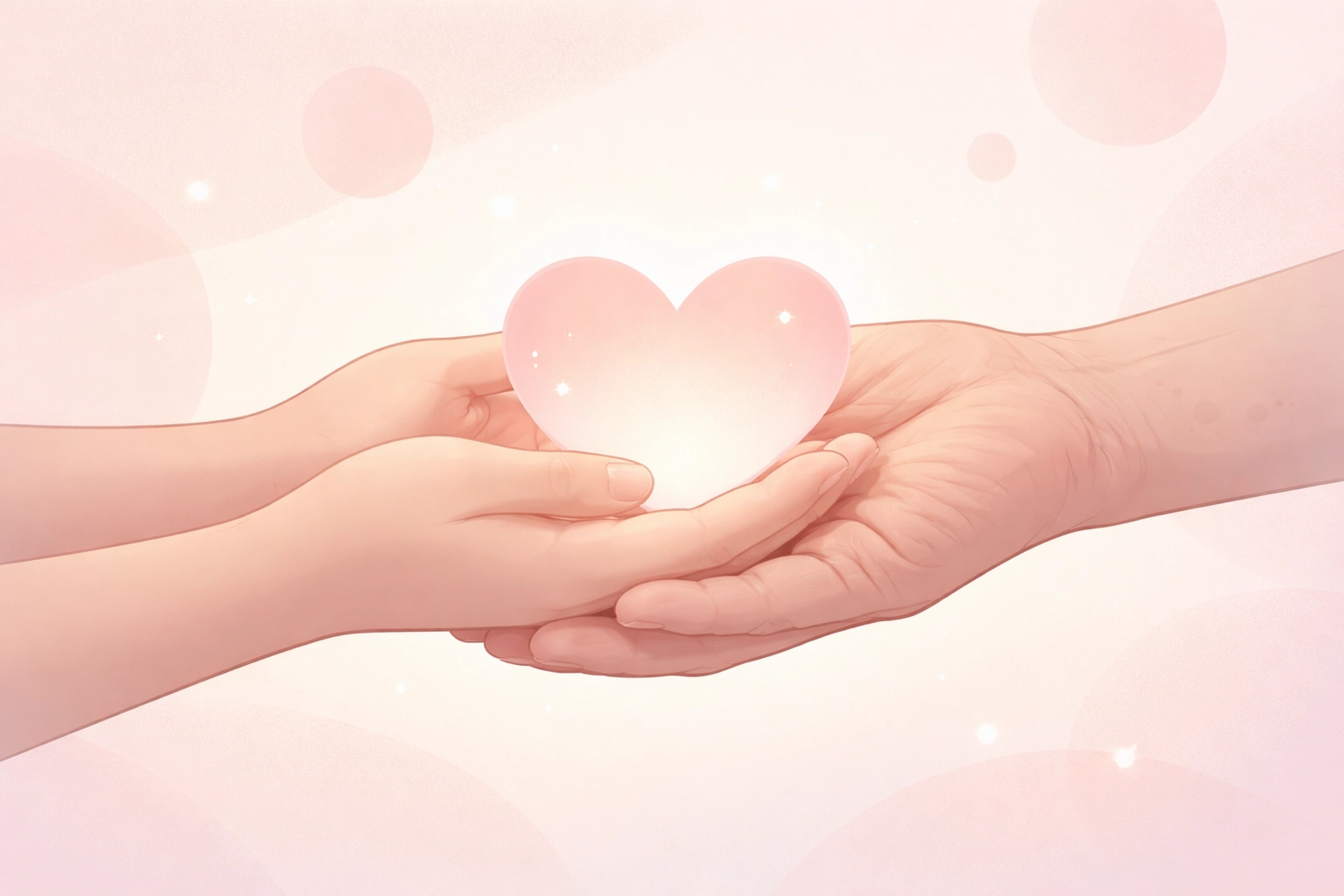 Two hands holding a glowing heart representing family caregiver app support, connection, and shared elder care responsibility.