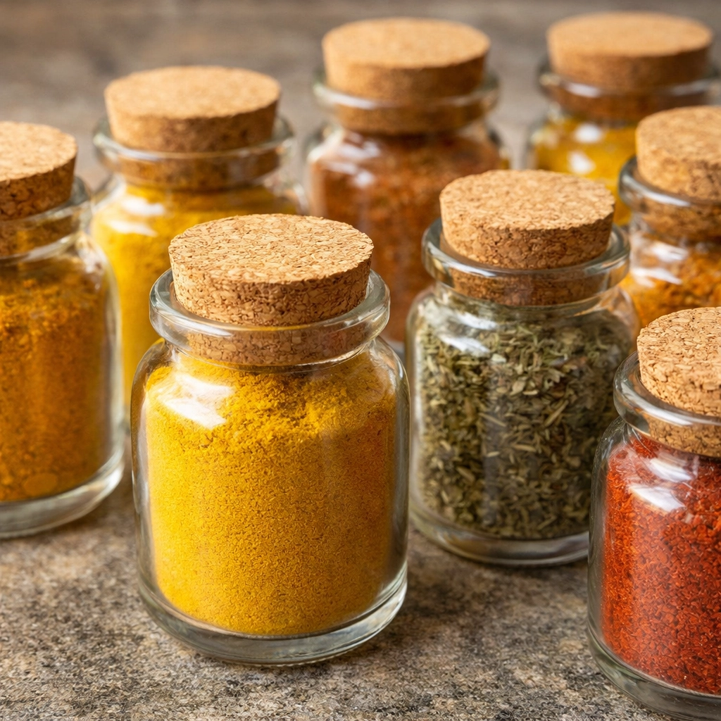 Clear glass jars filled with vibrant, gluten-free spices, showing the importance of safe seasoning.