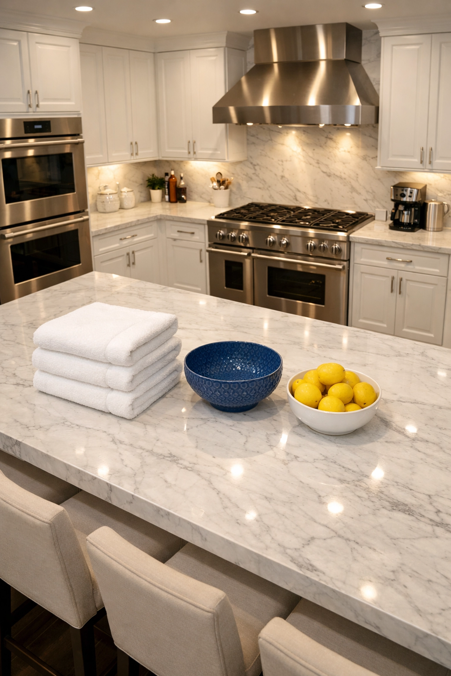 Sparkling clean modern kitchen with marble counters, part of reliable House Cleaning Holden MA services.