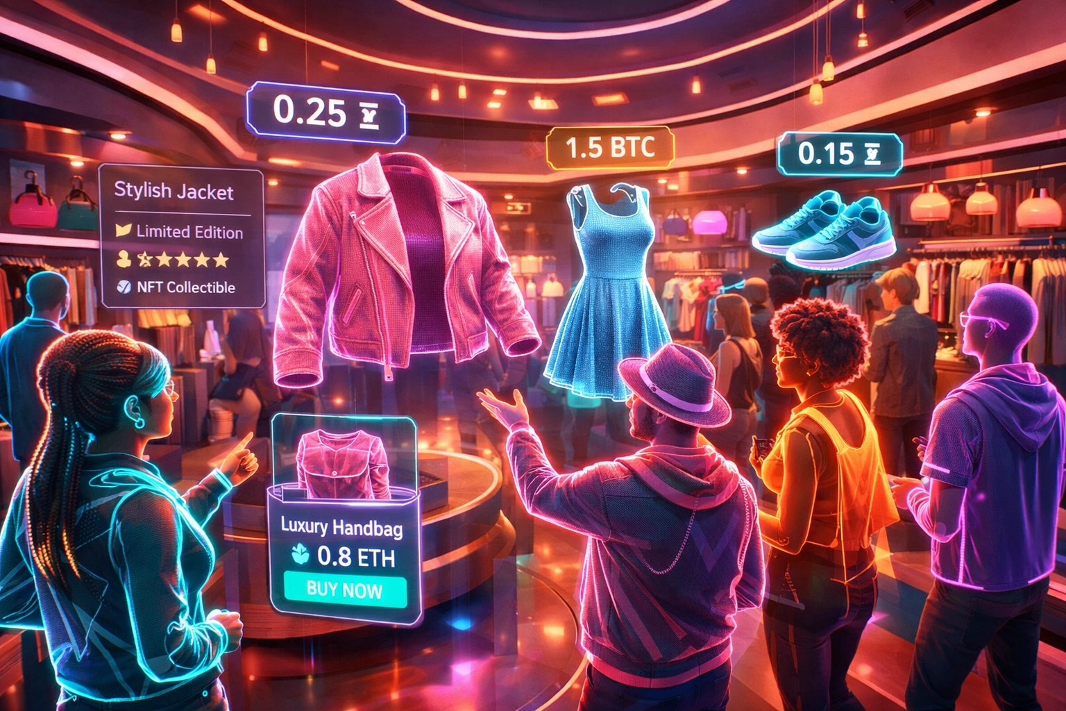 Virtual reality social shopping experience in metaverse boutique with multiple shoppers