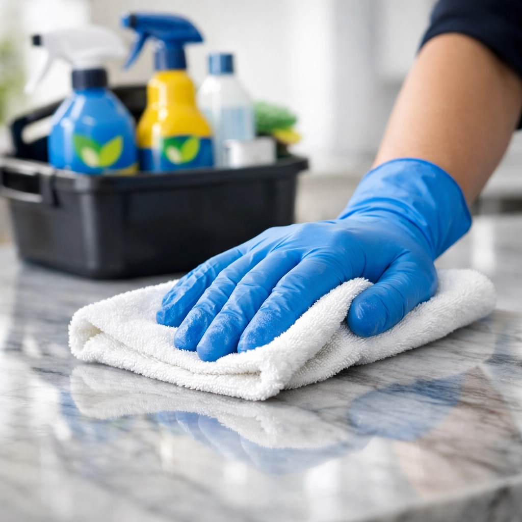 Expert cleaning of a marble kitchen island showcasing the precision of maid services Worcester.