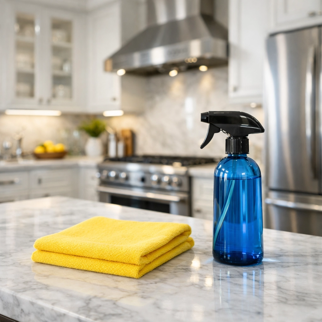 Professional maid service Cambridge tools on a sparkling marble countertop in a modern kitchen.