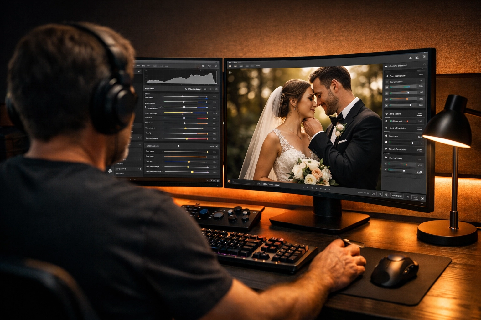 Professional photographer using AI editing software in a high-tech dual-monitor studio setup.