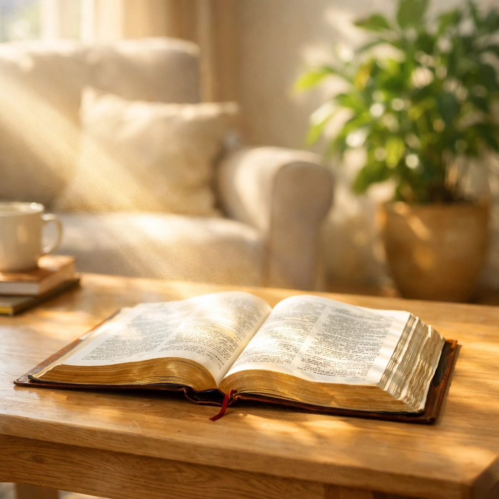 An open Bible in a sunlit room symbolizes the Word of God as a spiritual compass for weary caregivers.