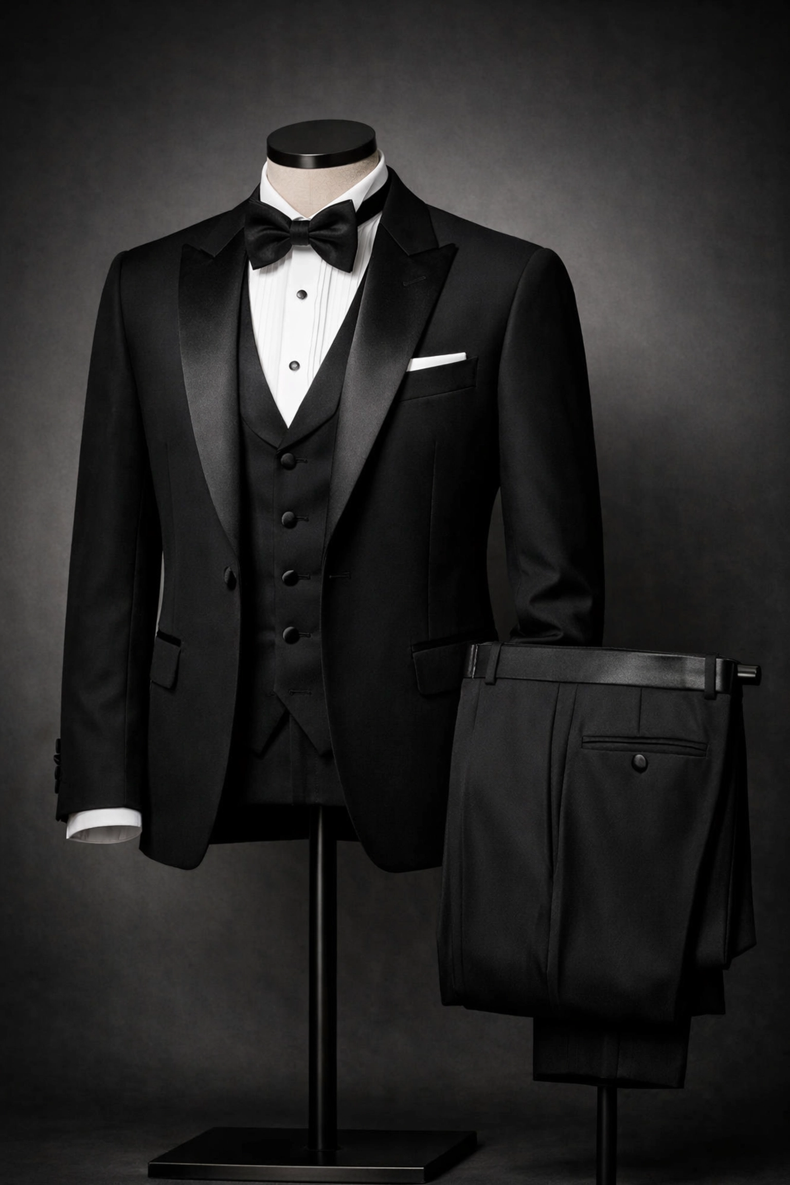 Complete tuxedo rental package with jacket, pants, vest, shirt, and coordinated neckwear