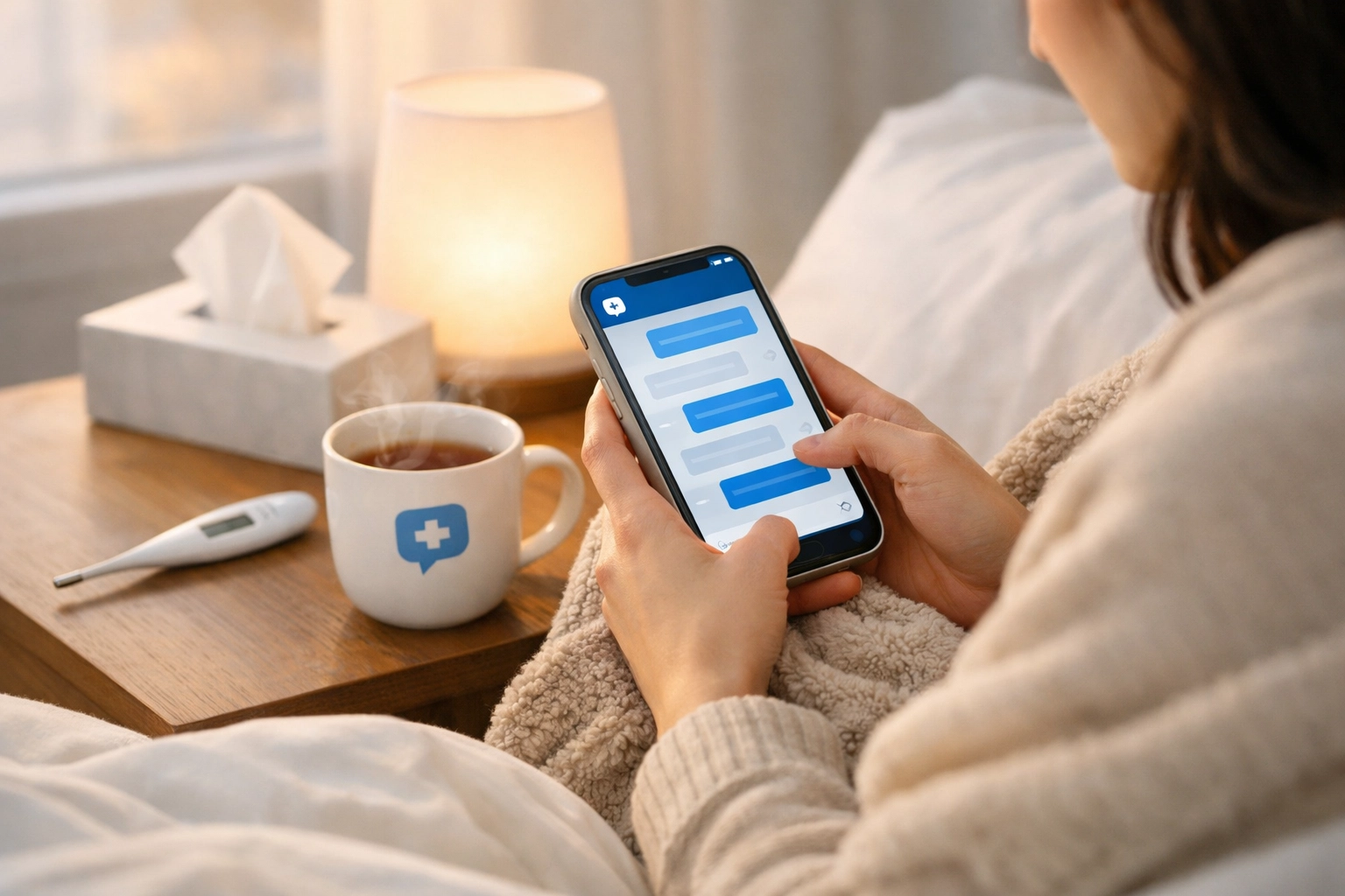 Patient using text-based online urgent care for flu symptoms via secure medical messaging.