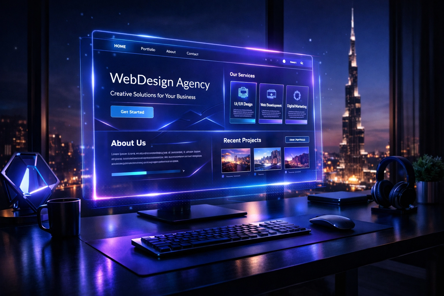 Modern Dubai workspace showcasing bespoke website design with holographic interface and skyline view