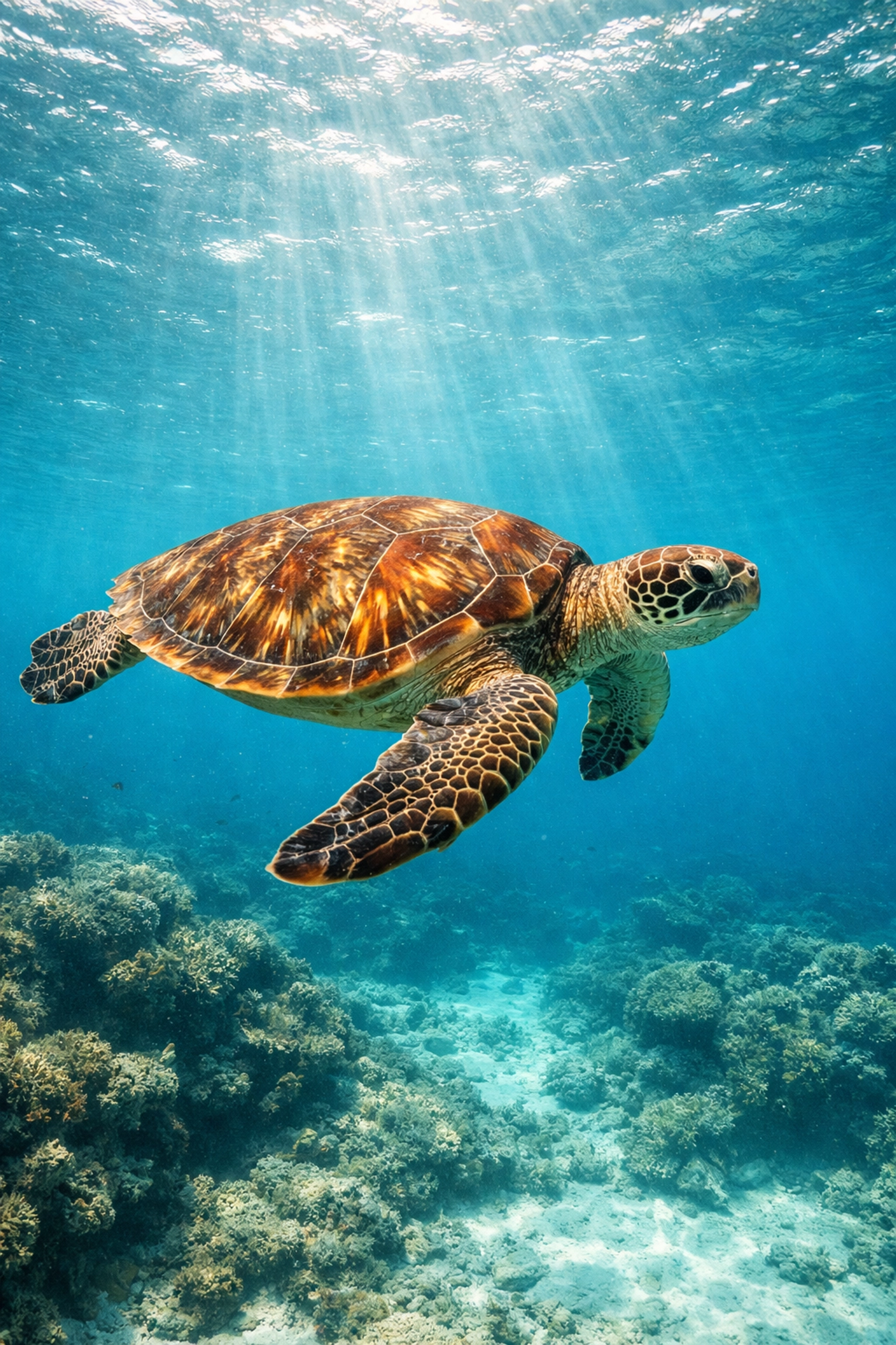 Green sea turtle swimming in turquoise water, highlighting the focus needed for wildlife protection campaigns.