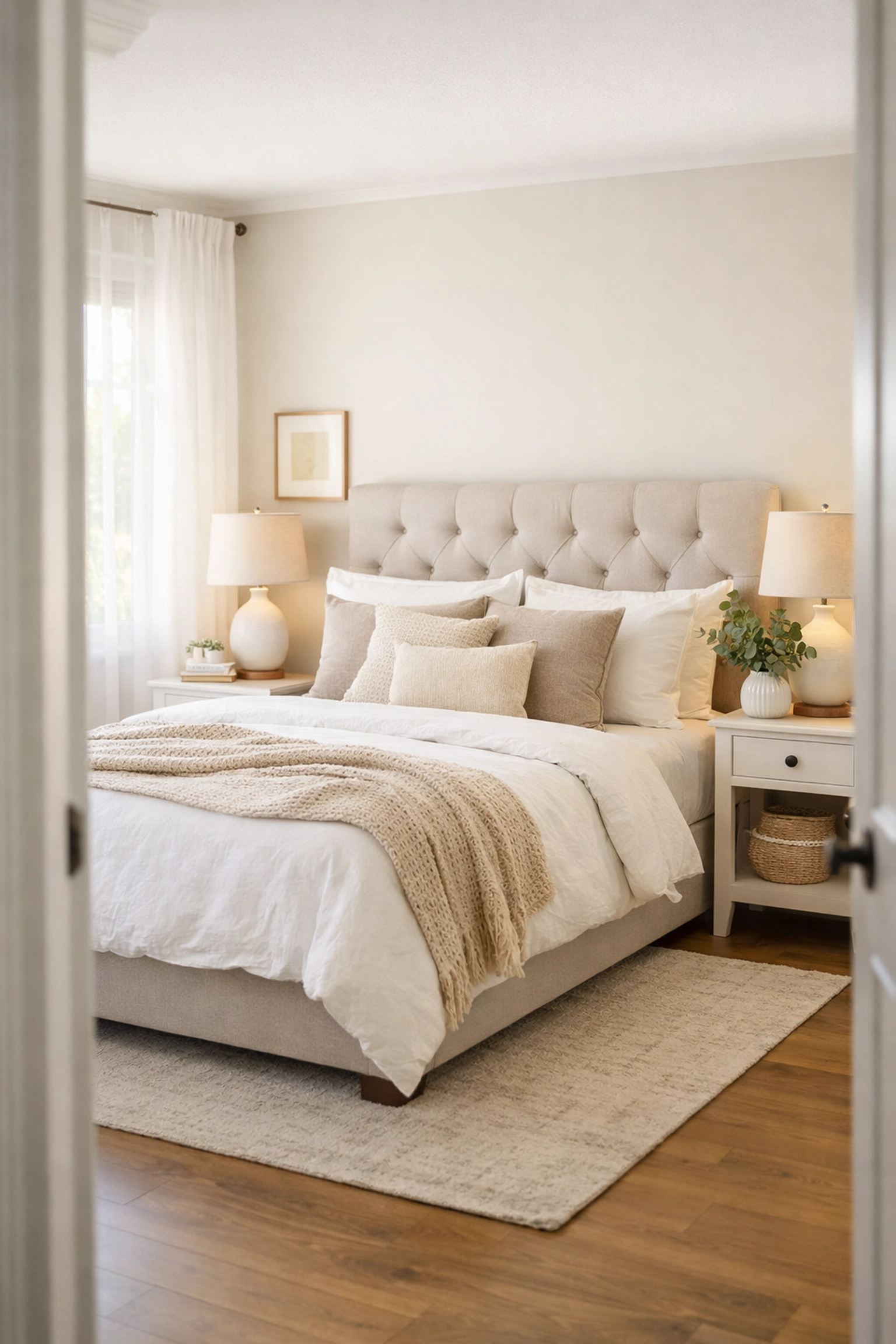 Staged master bedroom with neutral bedding showing professional home staging in Charlotte
