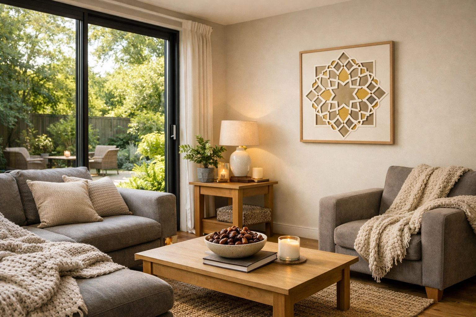 Peaceful modern living room in a Sharia-compliant home with Islamic geometric wall art.