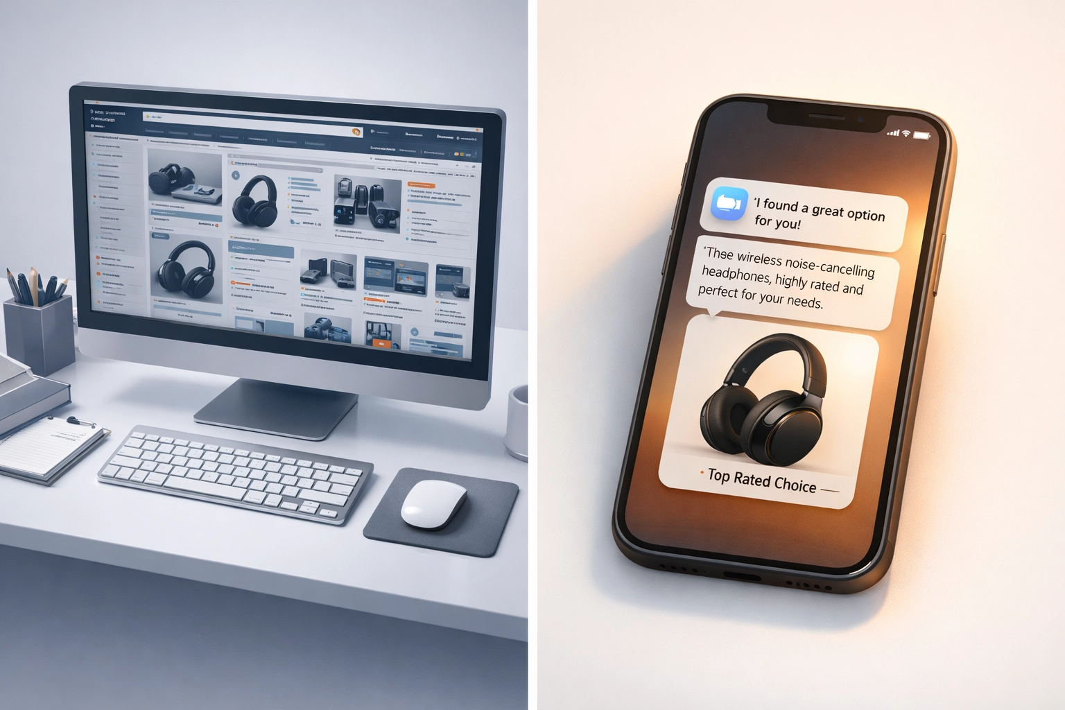 Traditional marketplace browsing versus AI-powered conversational commerce shopping experience