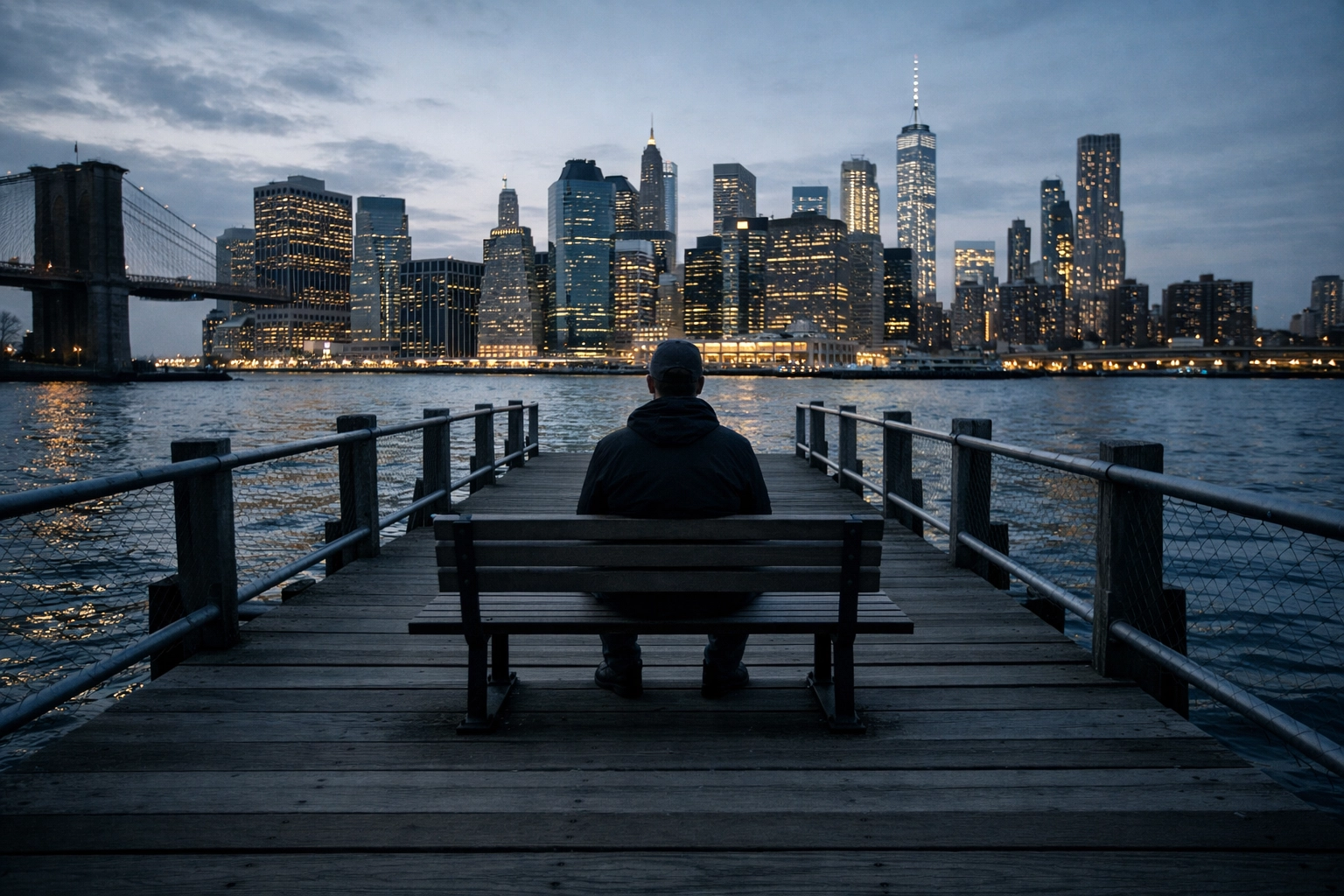 Fine art photography of the Lower Manhattan skyline at night from Brooklyn Bridge Park.