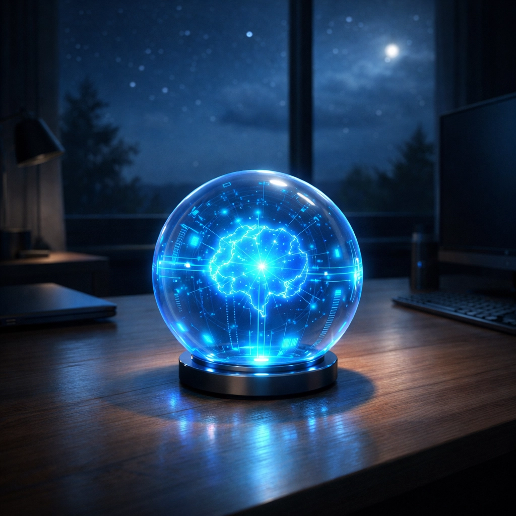 A glowing AI chatbot core on an office desk at night, representing 24/7 automated lead nurturing.