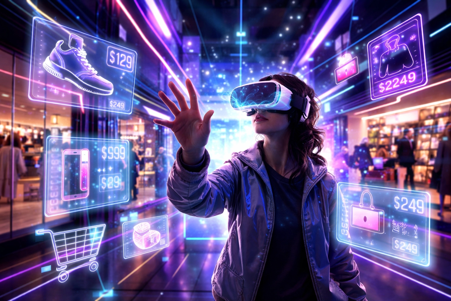 Person in VR goggles shopping in a virtual mall, showcasing Larecoin's metaverse commerce and crypto payment solutions