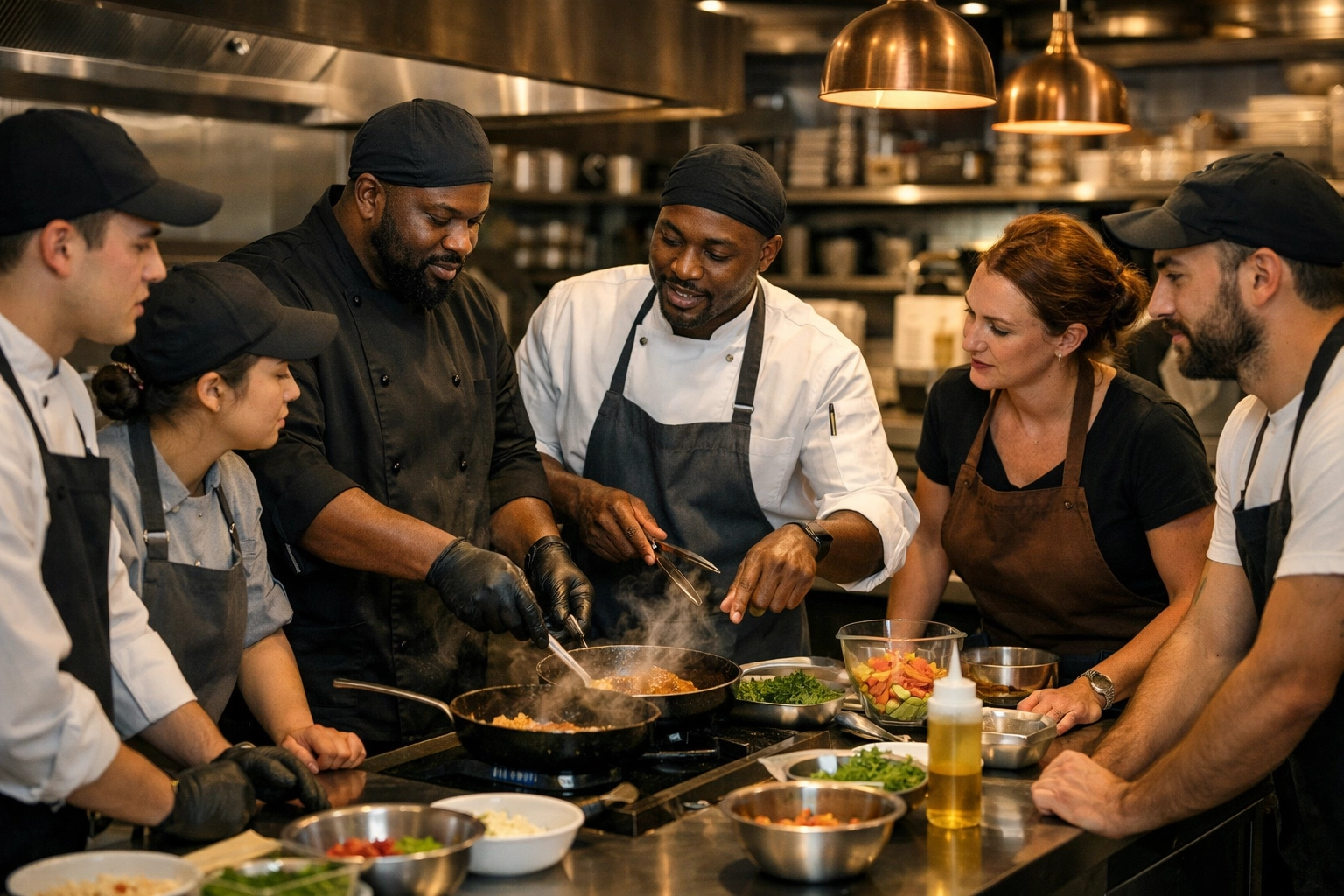Black chefs teaching culinary techniques in professional restaurant kitchen
