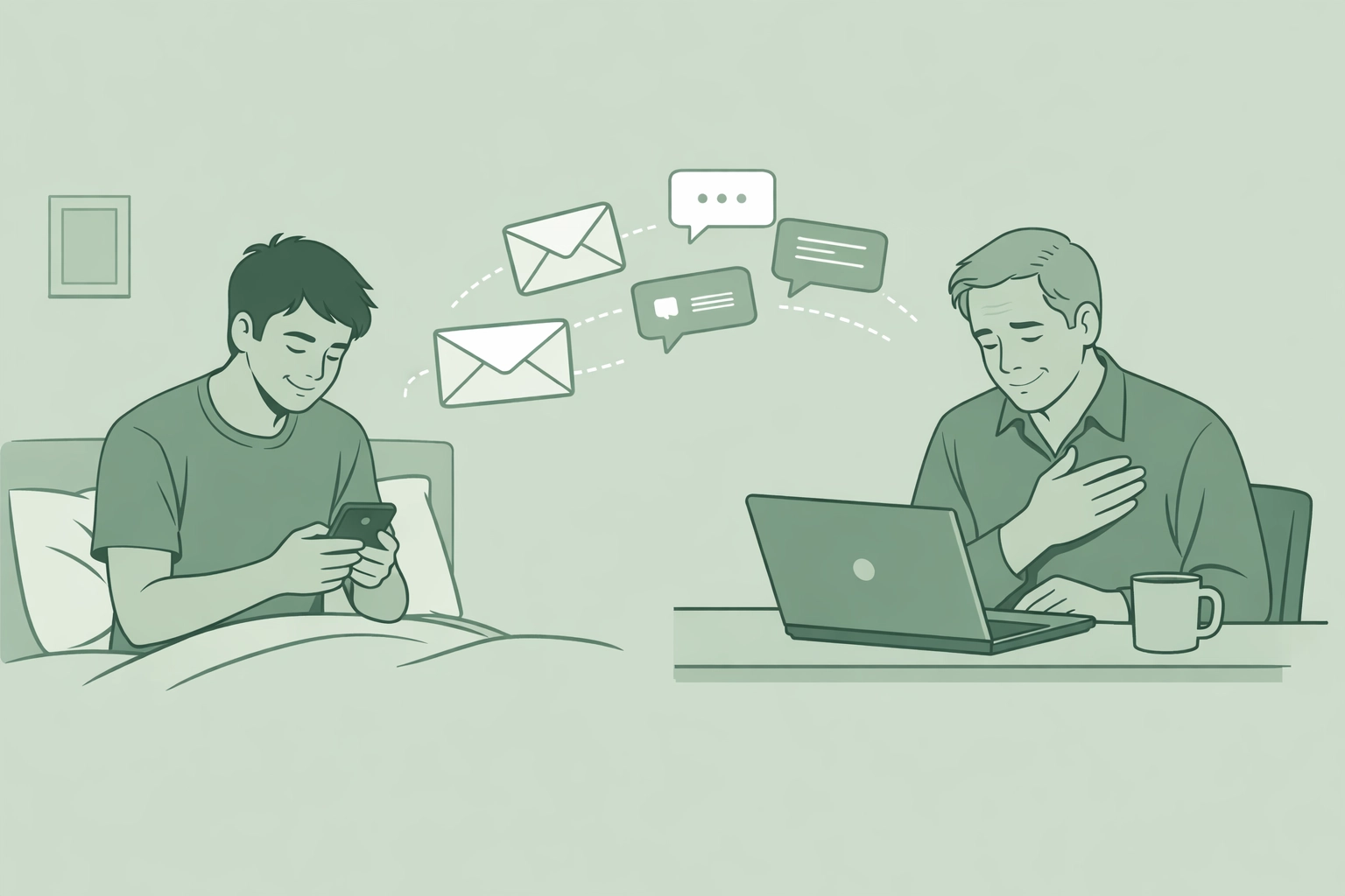 Two gay men exchanging digital letters and messages in cross-cultural MM romance connection