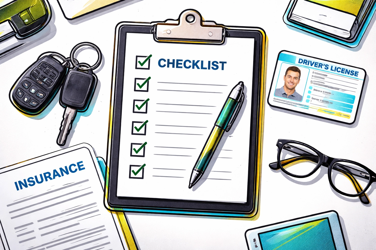 A tidy desk displays car keys, a checklist, and documents, illustrating the simple paperwork and fast approval in Grateful Motors' same day car buying process.