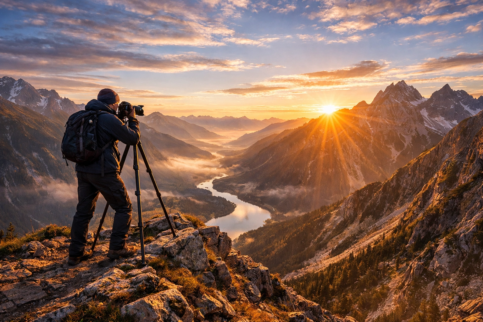 Professional photographer at a mountain ridge, one of the best photography locations and photo spots.