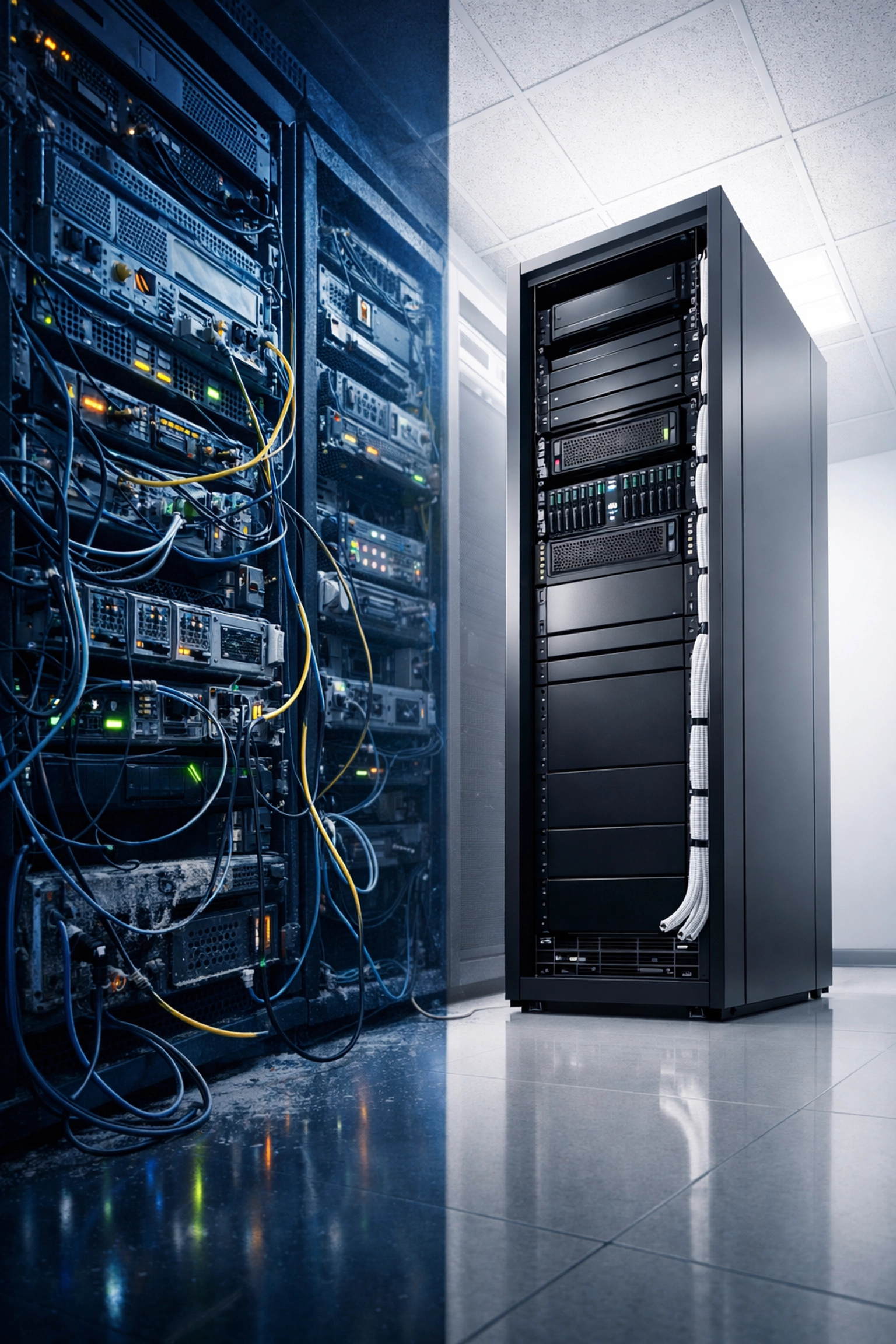 Server consolidation comparison showing physical servers versus efficient virtualized infrastructure
