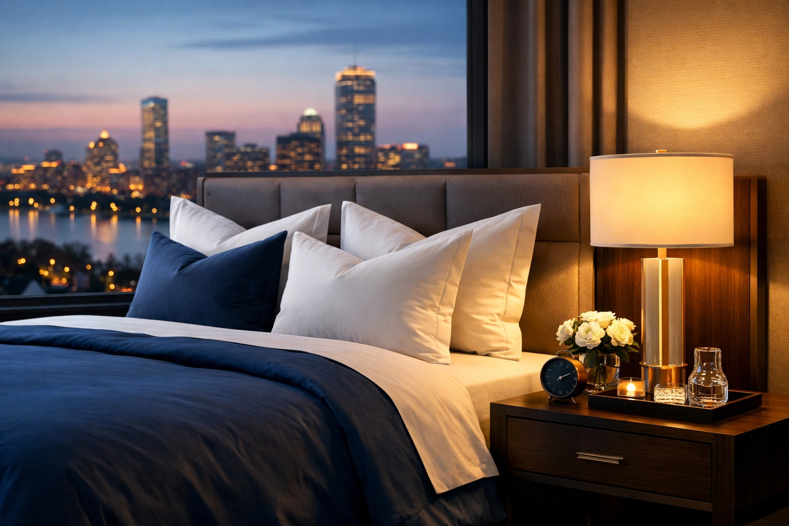 Luxury house cleaning MA service results in a perfectly staged bedroom with premium finishing touches.