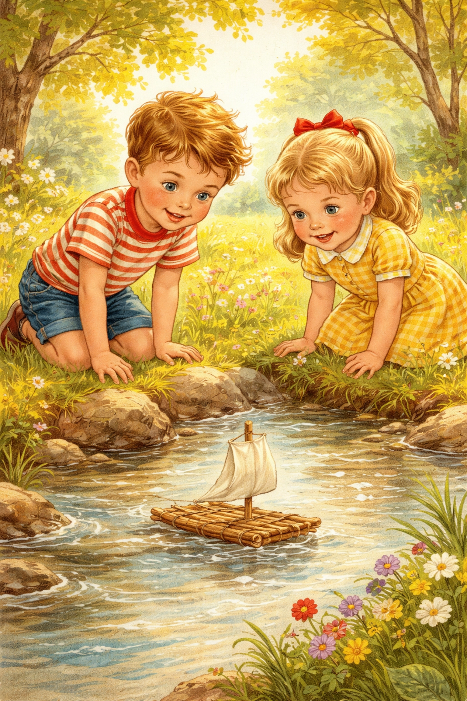 Children playing by a creek, watching a handmade stick raft float during outdoor STEM activities for kids