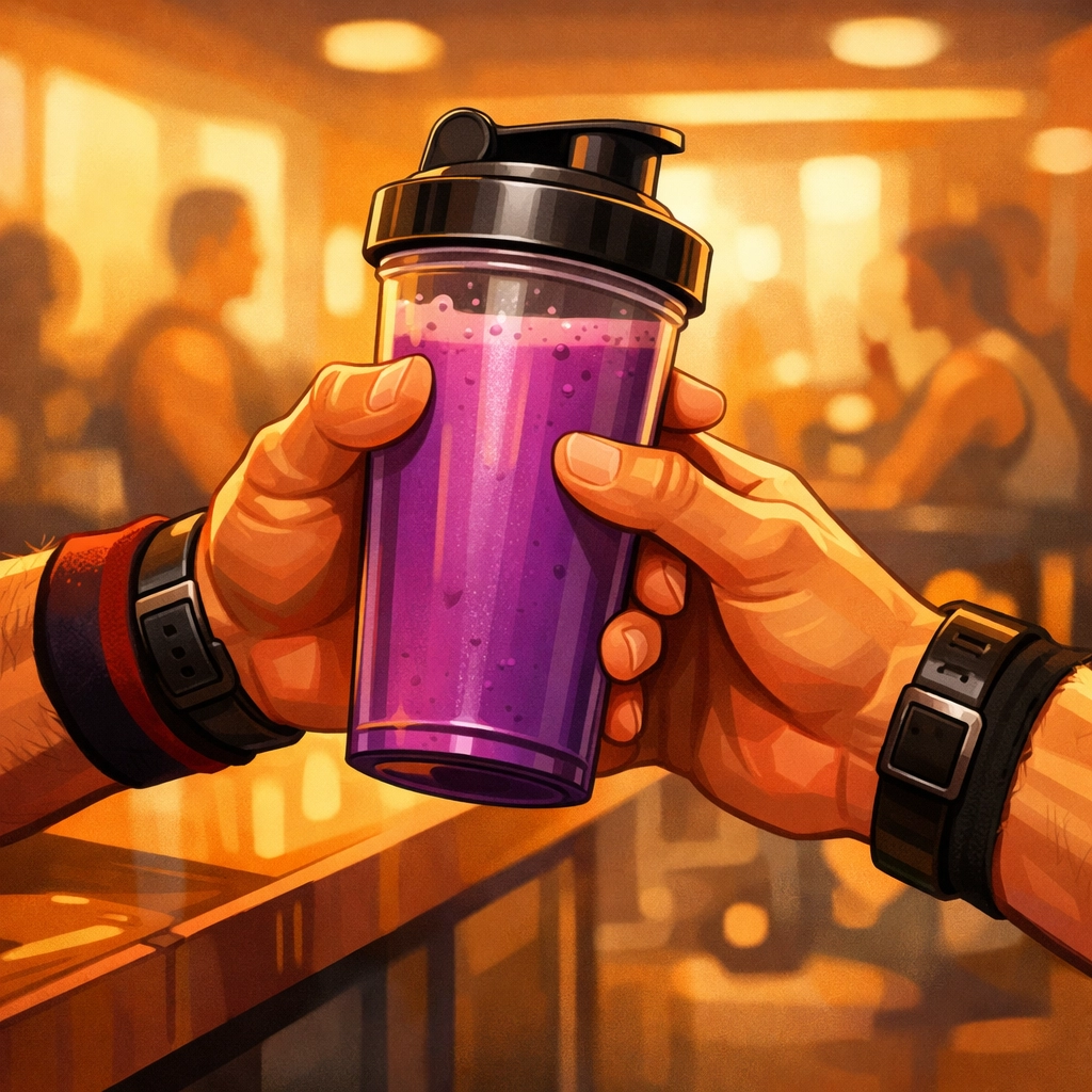 Hands exchanging protein shake at gym juice bar showing connection between gay men