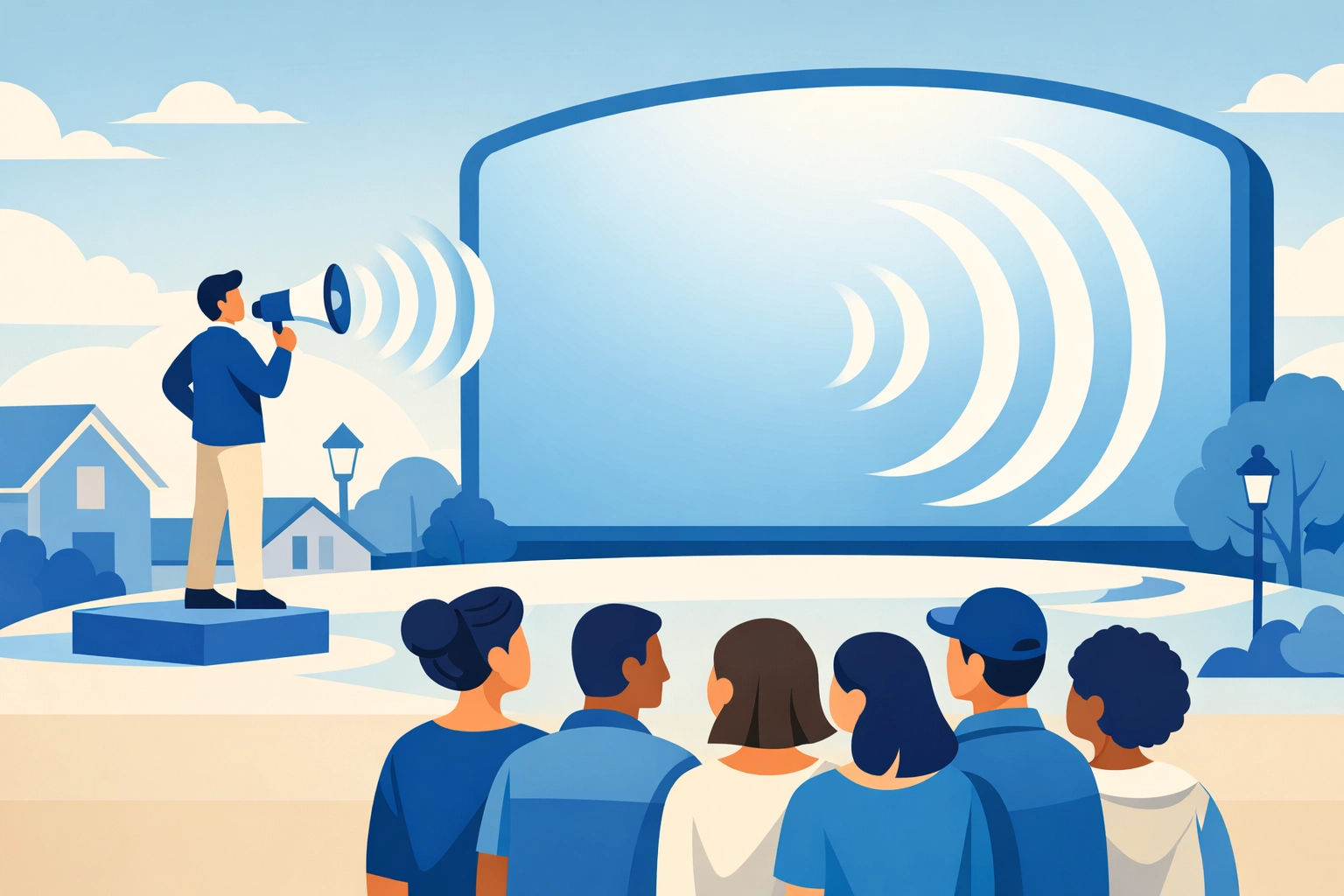 Illustration of a political campaign message scaling from a local voice to a large CTV screen for voter outreach.