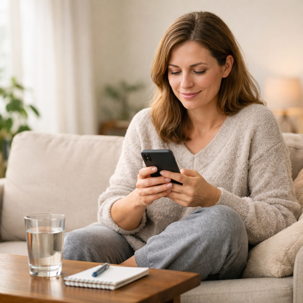 Woman using smartphone for online UTI treatment consultation at home