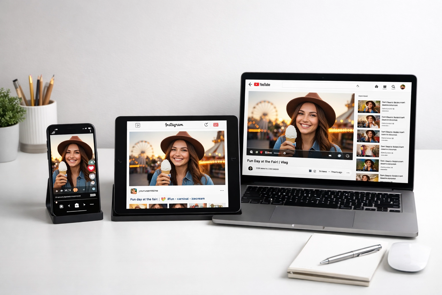 Multi-platform social media marketing setup showing blog content distributed across devices