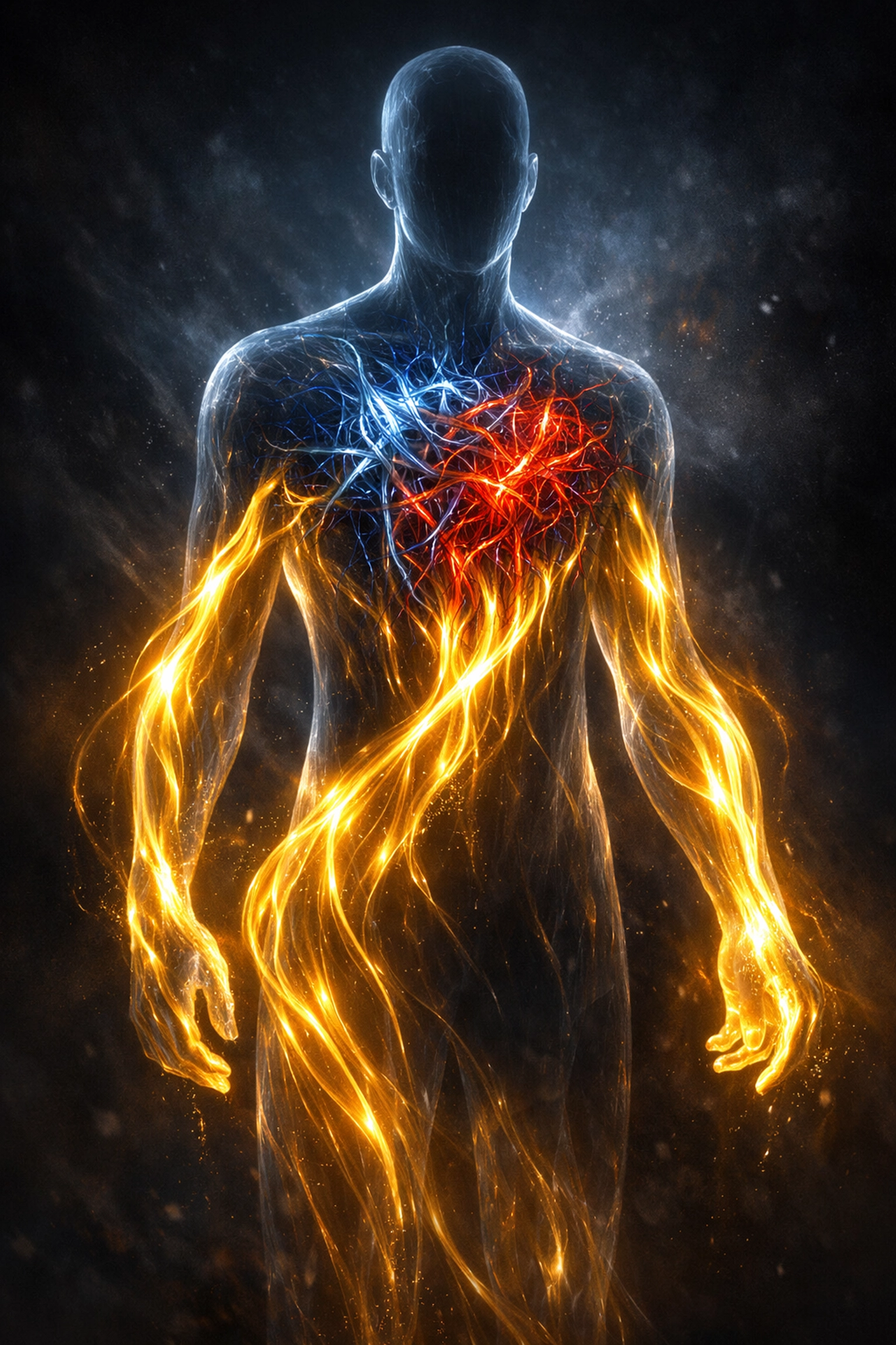 Human silhouette with tangled neon lines unraveling into light to show nervous system regulation and healing.