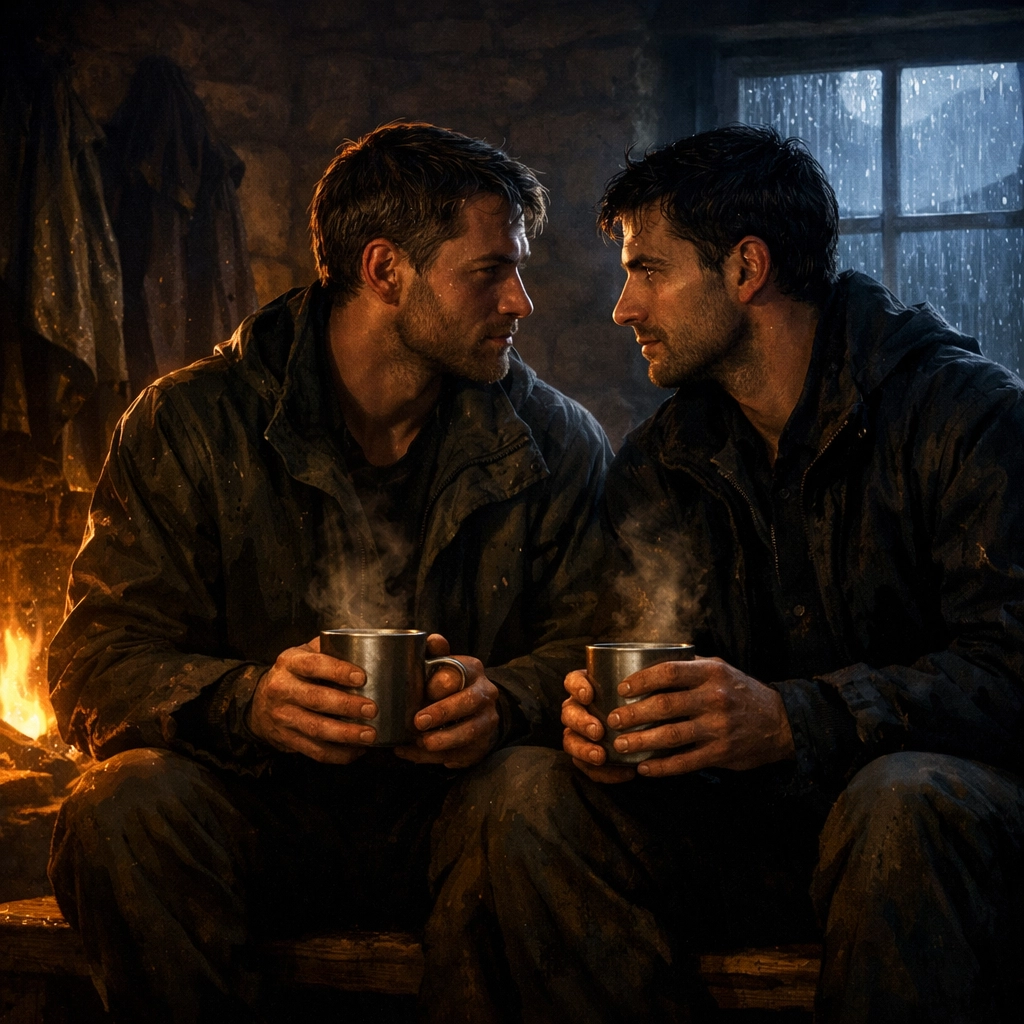 Two men share a slow-burn moment by a fire in a remote Highland bothy during a storm.