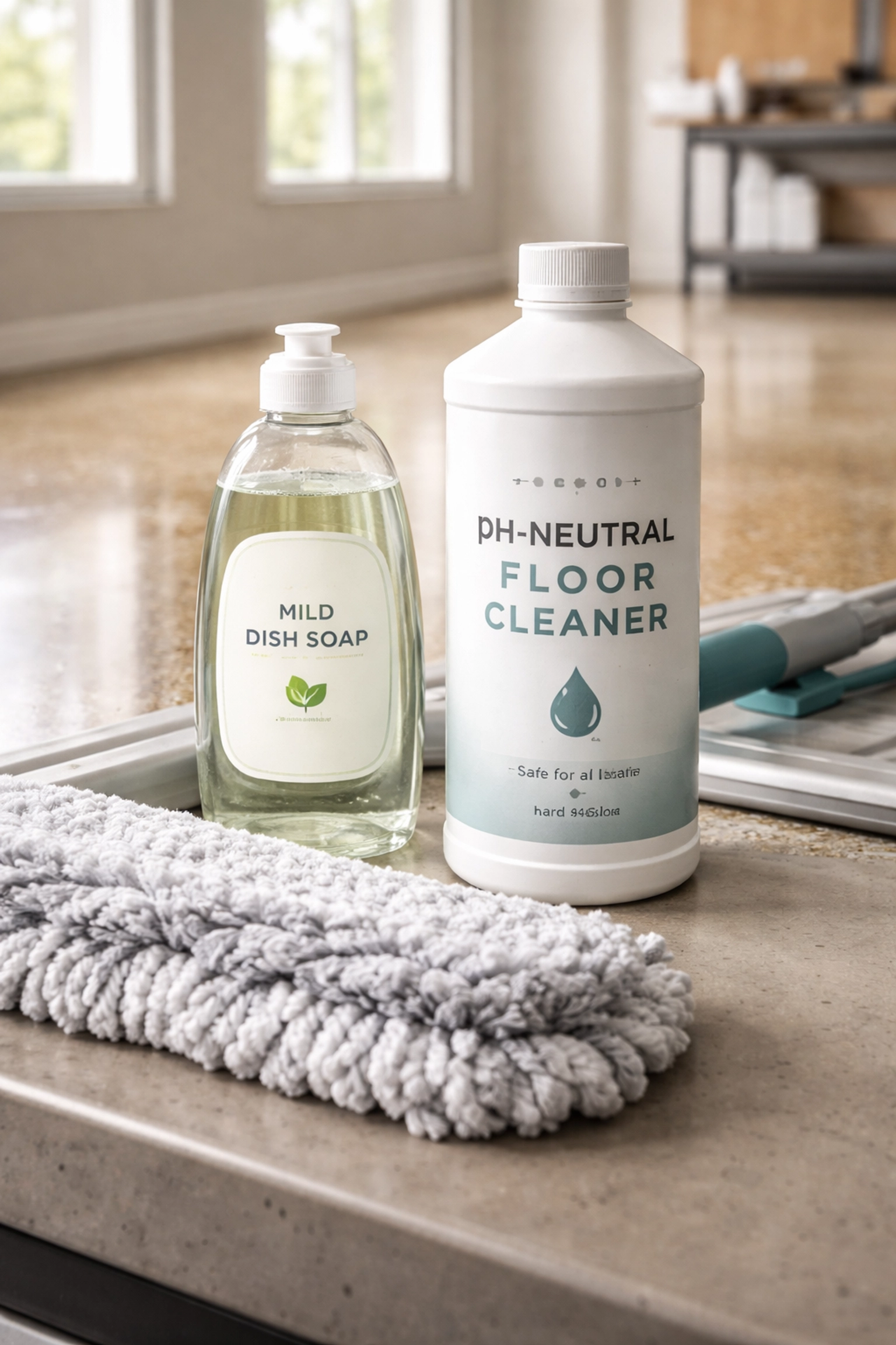 Approved cleaning products for epoxy floor maintenance, featuring mild soap and a microfiber mop on a glossy surface.