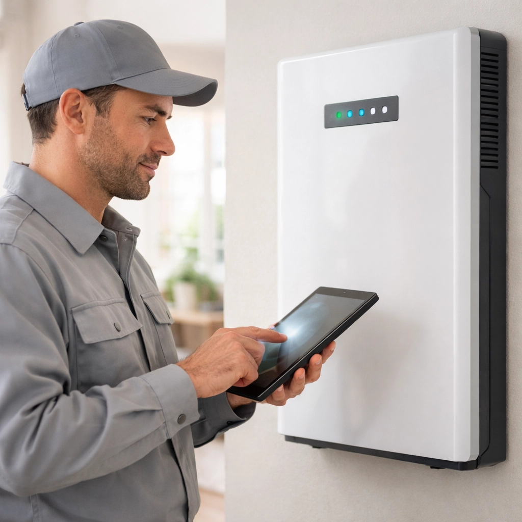 Professional technician using a tablet to service a home solar battery installation