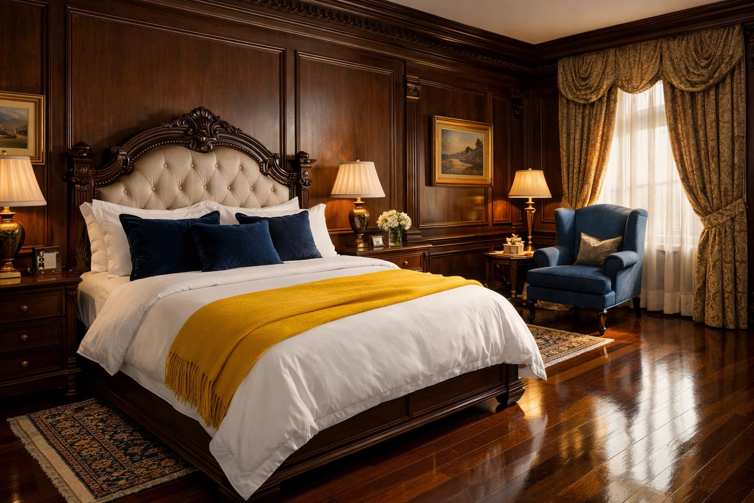 Professionally cleaned luxury master bedroom in Easton with polished wood floors and pristine white bed linens.