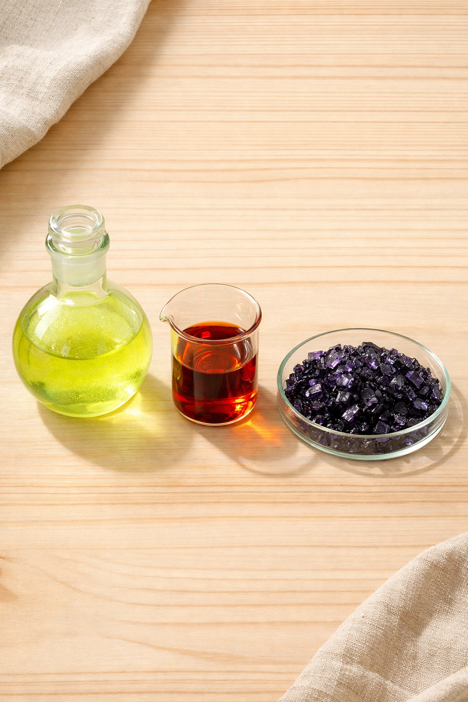 Group 7 halogens in laboratory vessels showing chlorine gas, bromine liquid, and iodine crystals