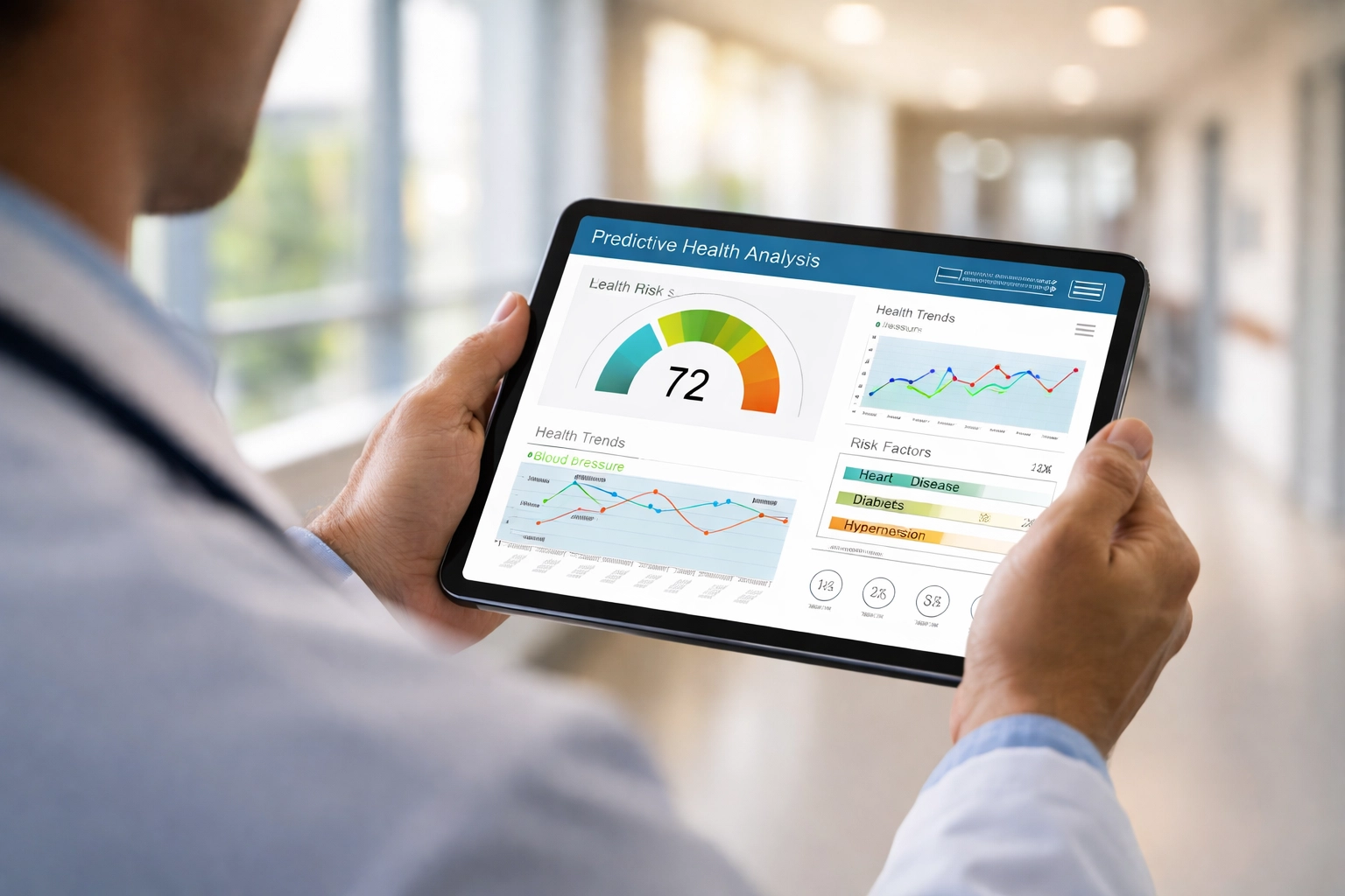 Doctor reviewing predictive analytics health charts on a tablet, integrating AI tools into patient care