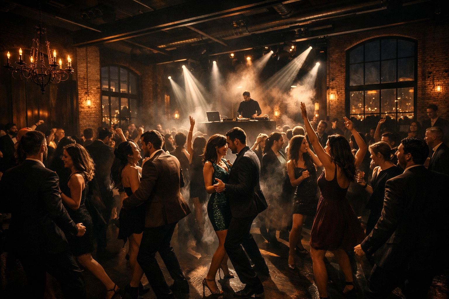 High-end industrial-chic event space in Chicago with a vibrant dance floor and elegant atmosphere.