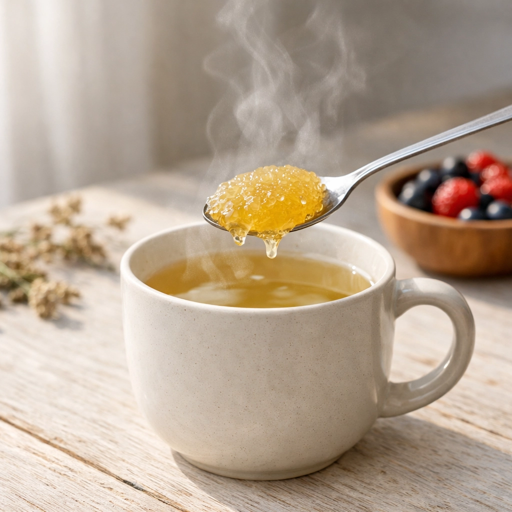 Stirring a spoonful of organic sea moss gel into a cup of herbal tea during a morning wellness ritual.